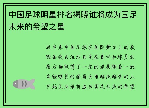 中国足球明星排名揭晓谁将成为国足未来的希望之星